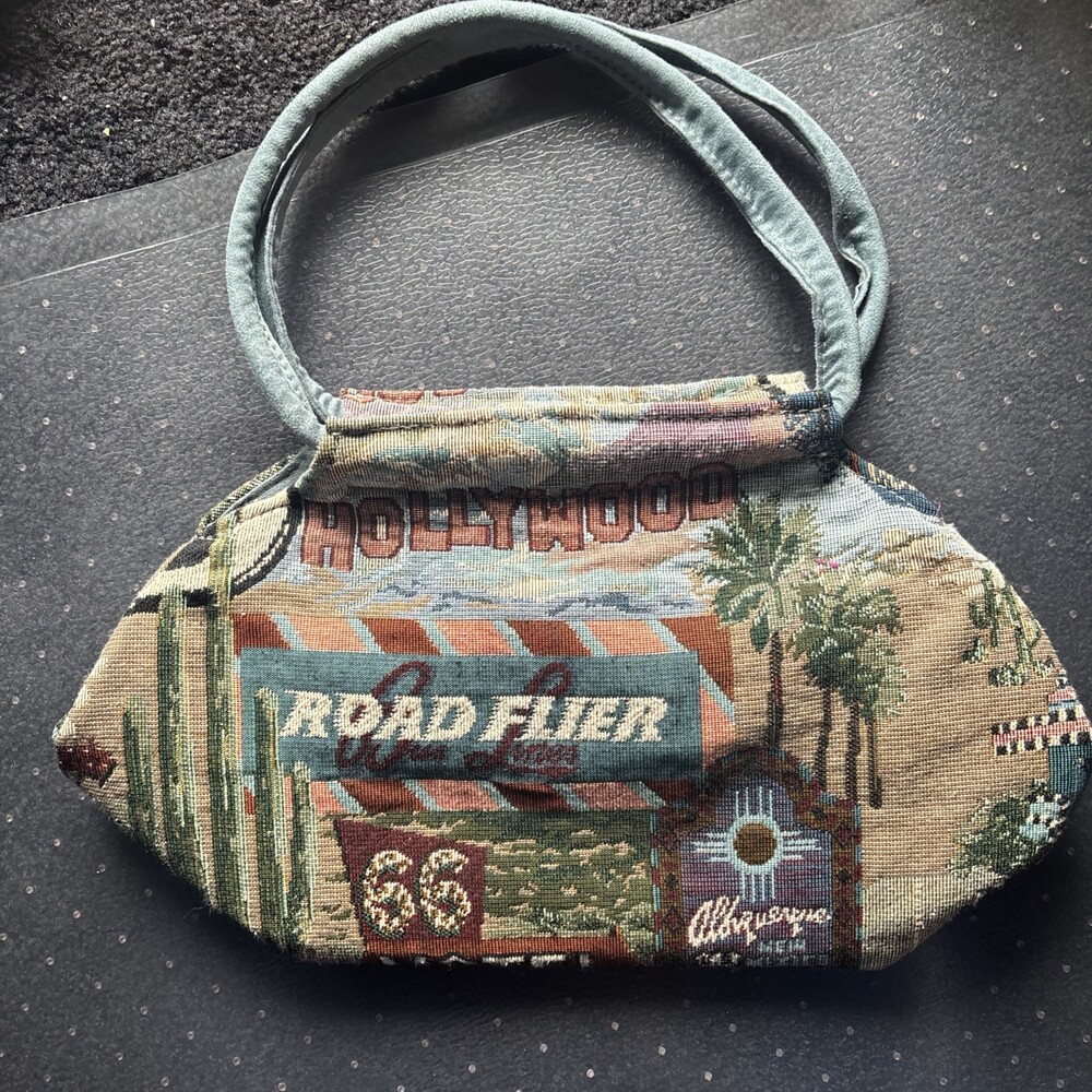 Route 66 Tapestry Tote Bag Highway Americana Road-Trip W/ Coin Purse Jade